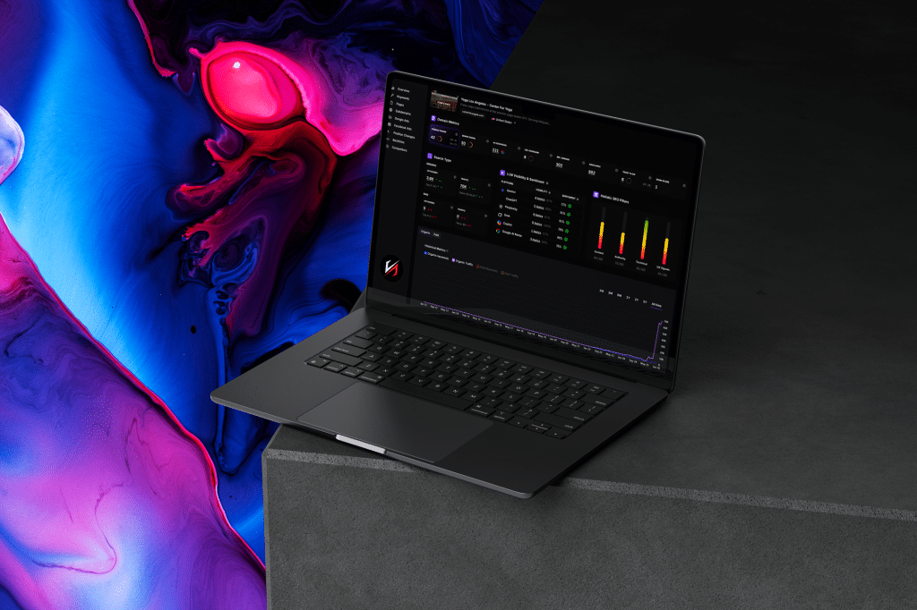 Laptop displaying ai search optimization analytics dashboard on dark background