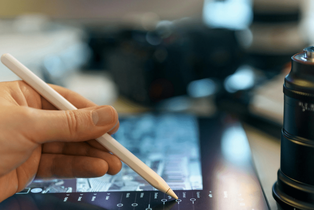 Hand using stylus on tablet photo editing app
